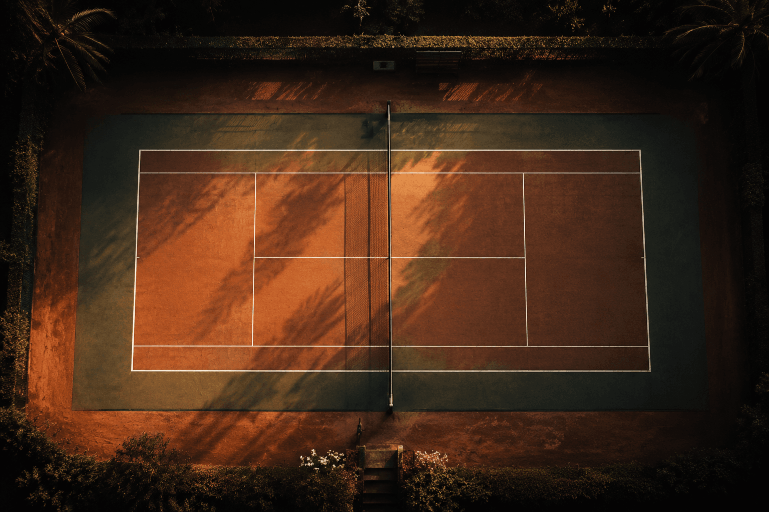 Tennis court from above at golden hour